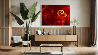             Vibrant red abstract artwork in a beige mid-century modern living room.        